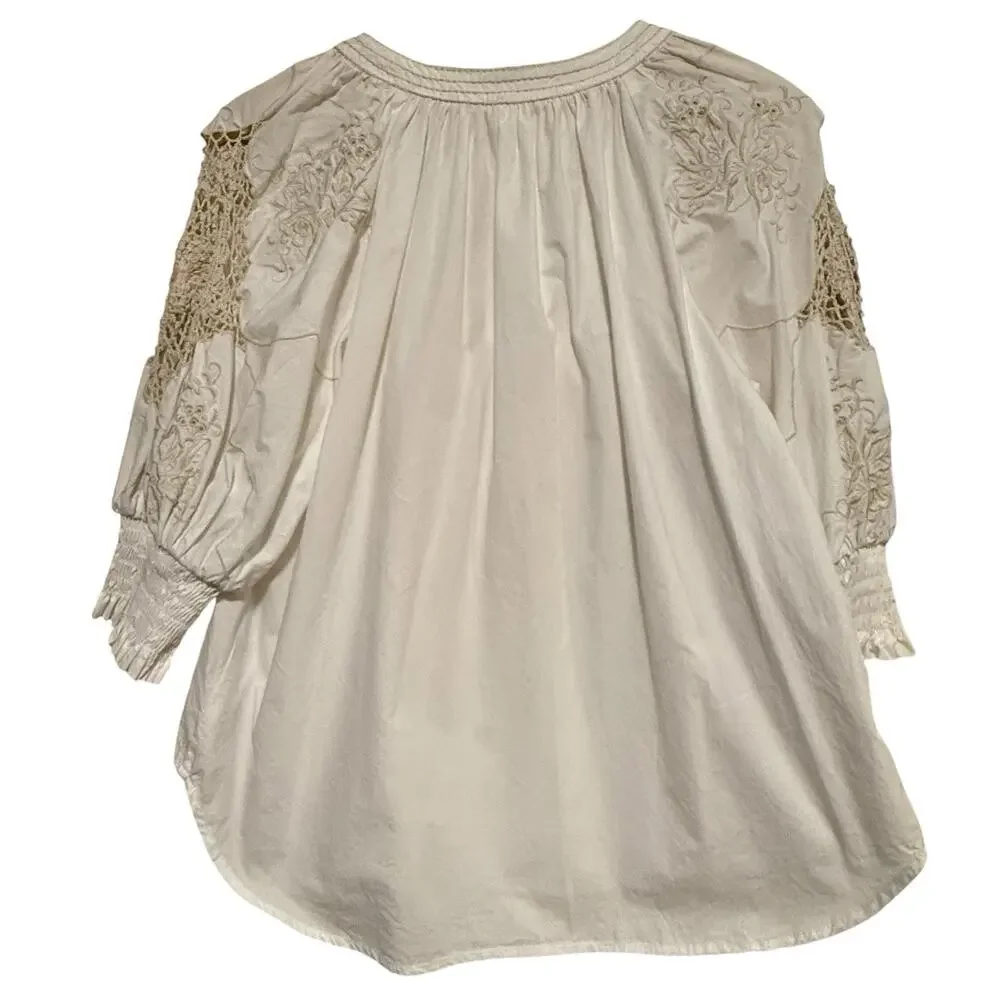 By Anthropologie Crochet Peasant Blouse Embroidered Puff Sleeves SIZE SMALL Boho